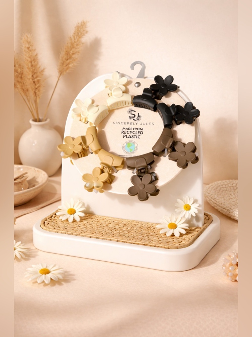 Sincerely Jules Floral Hair Clips Set / Black, Cream, Tan, and Brown